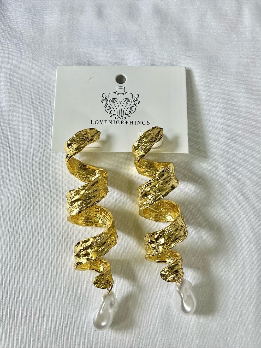 Gold-Plated Spiral Drop Earrings with Pearl Accent